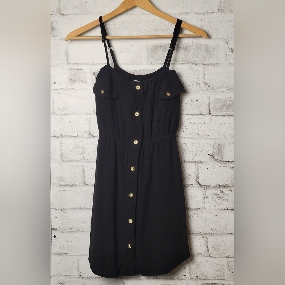 Love Lucy Black Button Front Mini Dress Adjustable Strap Small